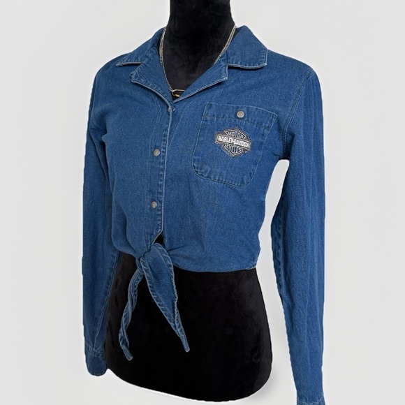 Harley Davidson Women's Denim Shirt Small Blue Button Down‎ Long Sleeve Vintage - Picture 1 of 6